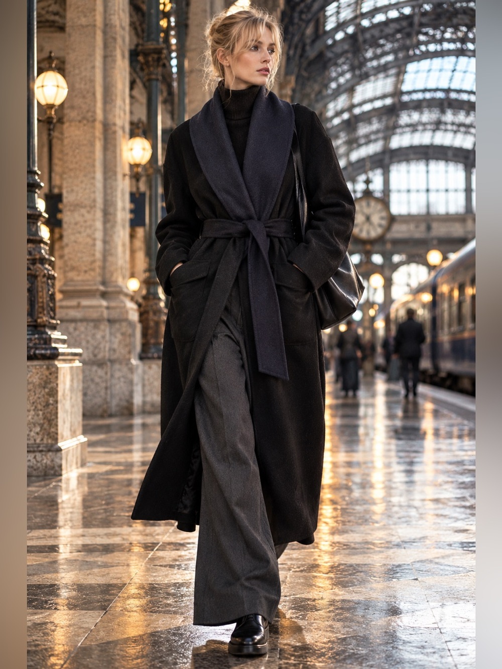 Rag & Bone Virgin Wool Maxi Coat Oversized Belted Shawl Collar Black Navy - Picture 2 of 8